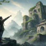 Illustration of a tourist asking a guide about mysterious ancient ruins visible on a misty Korean co...