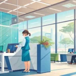 A customer interacting with a friendly teller at a counter inside a modern Korean bank, representing...