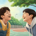 Two young Korean friends laughing together on an outdoor basketball court at sunset, capturing a mom...