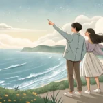 Illustration of a Korean couple debating which beach to visit, pointing towards two different Korean...
