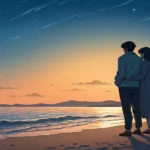 Silhouette of a couple contemplating a vibrant sunset on a Korean beach, symbolizing choosing a loca...