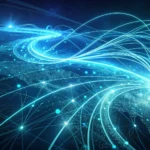Stylized N Seoul Tower surrounded by glowing blue abstract digital data streams, representing big da...