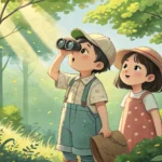 Young Korean brother and sister playfully negotiating over who gets to use binoculars first while bi...