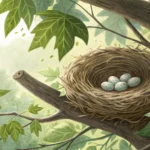 Illustration of a bird's nest with eggs safely nestled in a tree branch outdoors, symbolizing a Kore...