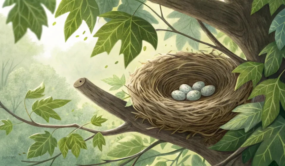 Illustration of a bird's nest with eggs safely nestled in a tree branch outdoors, symbolizing a Kore...