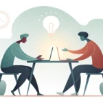Minimalist illustration showing two abstract figures collaborating over a table, generating a bright...