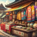 A vibrant stall in a traditional Korean market, piled high with colorful goods, representing the con...