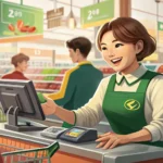 Shopper asking a Korean cashier about a bulk package of paper towels at a supermarket checkout, repr...