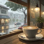 A steaming latte sits on a wooden table inside a cozy cafe, with rain visible through the window, re...