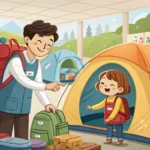 A shopper asks a Korean store clerk about camping gear on sale, shown in a vibrant illustration with...