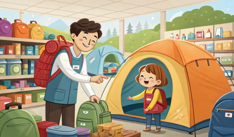 A shopper asks a Korean store clerk about camping gear on sale, shown in a vibrant illustration with...