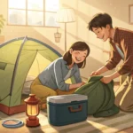 A couple packs camping gear like a tent and cooler in a garage, illustrating the Korean learning top...