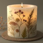 A close-up view of an artisanal handmade candle displayed on a rustic wooden surface, evoking a Kore...