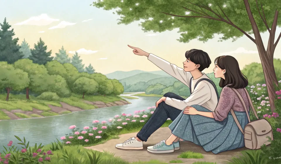 A Korean couple sitting by a river with canoe paddles, visually representing a discussion about wher...