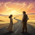 Illustration of a couple deciding between two diverging paths leading to different canyons in a dese...