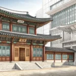 Illustration showing a Korean building changing from traditional residential use to modern commercia...