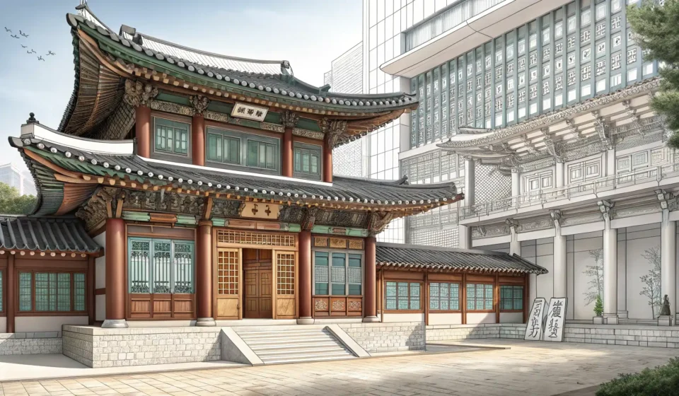 Illustration showing a Korean building changing from traditional residential use to modern commercia...