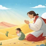 Illustration of a Korean parent offering sunglasses to a young child in a sunny desert setting, repr...