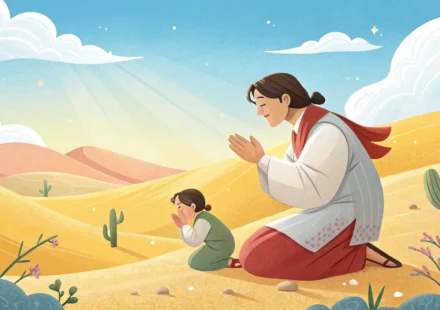 Illustration of a Korean parent offering sunglasses to a young child in a sunny desert setting, repr...