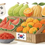 Assortment of fresh Korean fruits, including pears and tangerines, displayed attractively in a Korea...