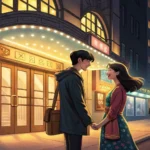 Illustration of a Korean couple deciding between two different plays outside a theater, symbolizing...