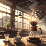 Hands demonstrating pour-over coffee technique in a sunlit Korean cafe setting, representing learnin...