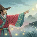 Illustration of a traditional Korean merchant figure interacting with a glowing clock spirit near an...