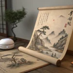 Illustration of a traditional Korean scroll and a futuristic glowing orb side-by-side on a wooden ta...