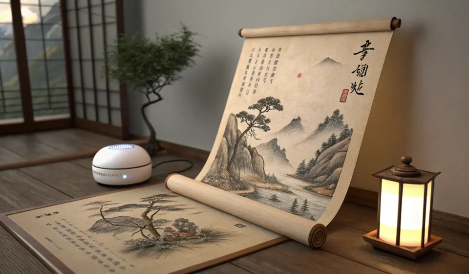 Illustration of a traditional Korean scroll and a futuristic glowing orb side-by-side on a wooden ta...