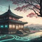 A Korean ink brush paints glowing digital circuits interwoven with green vines on traditional paper,...