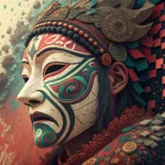 A Korean Hahoe mask merging with digital glitches, symbolizing the challenge of expressing complex f...