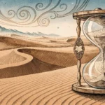 Stylized hourglass with swirling sand against a background blending desert dunes and Korean patterns...