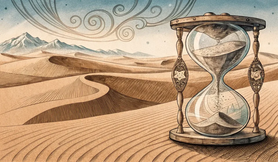 Stylized hourglass with swirling sand against a background blending desert dunes and Korean patterns...