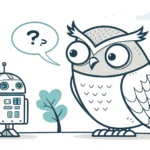 Stylized owl and robot under a moon with binary patterns, symbolizing learning complex Korean phrase...