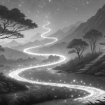 Stylized Korean ink brush painting a silver light trail towards a full moon, representing learning c...