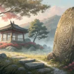 Stylized Korean folk art depiction of a mystical stone and a small figure in a misty mountain settin...