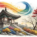 A swirling Korean ink brush stroke links a traditional palace silhouette to a futuristic portal, sym...