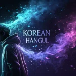 Abstract digital art showing a stylized Korean Hangul character dissolving into glowing particles ag...