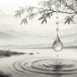 Korean ink painting style image showing a raindrop about to land on a magically sparkling sprout, sy...