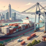 Illustration of a container ship at a Korean port, symbolizing learning Korean vocabulary for logist...
