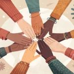Illustration of diverse hands meeting in the center, symbolizing cooperation, representing the Korea...