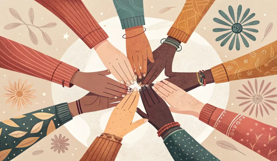 Illustration of diverse hands meeting in the center, symbolizing cooperation, representing the Korea...