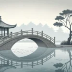 Illustration of a traditional Korean bridge over calm water, symbolizing connection and healing for...
