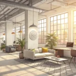 Modern Korean co-working space interior with a laptop on a desk, symbolizing studying or working rem...