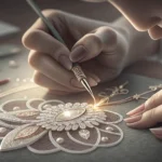Hands carefully crafting delicate jewelry with glowing crystals, symbolizing learning specific Korea...