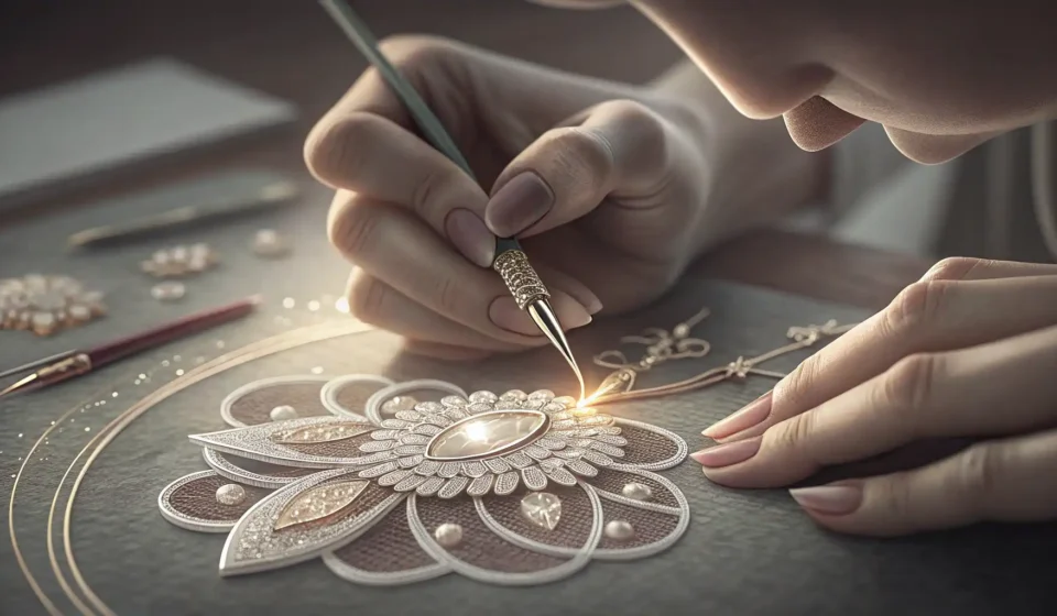 Hands carefully crafting delicate jewelry with glowing crystals, symbolizing learning specific Korea...