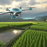 Illustration of a drone flying over a Korean rice paddy field, symbolizing the concept of modern cro...