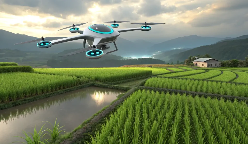 Illustration of a drone flying over a Korean rice paddy field, symbolizing the concept of modern cro...