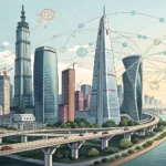 Stylized illustration of interconnected modern Korean skyscrapers symbolizing business conglomerates...