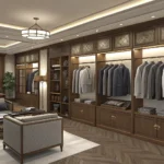 A modern Korean tailor shop interior displaying fabric samples and tailoring tools, symbolizing the...